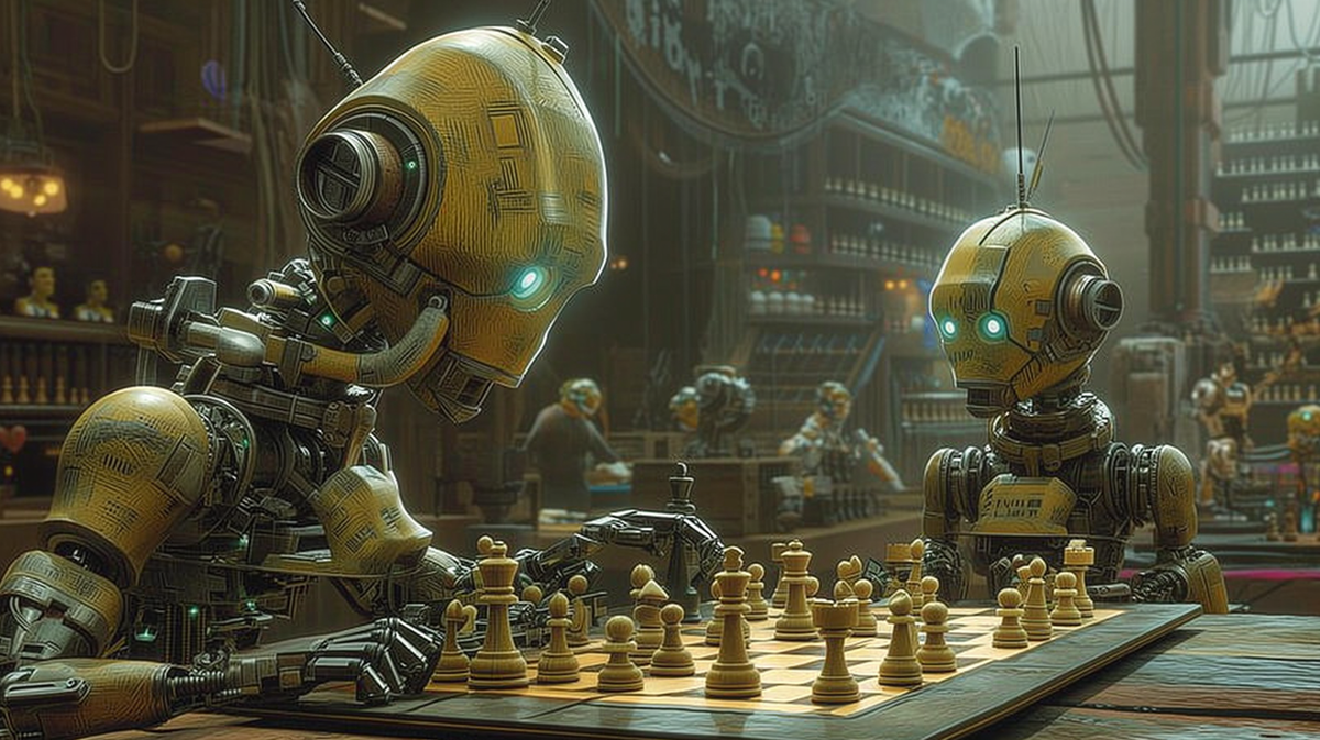 Futuristic robots engaged in a strategic game of chess, as a representation of the strategic thinking of a fractional coo